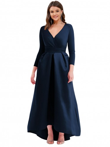 Affordable Long Sleeves Wrapped Spandex Prom Dress with High Low Full Skirt and Pockets Canada