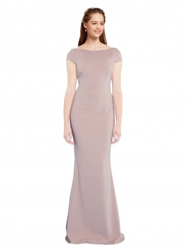 Affordable Boat Neck Cap Sleeve Crepe Prom Dress with Plunging Tie Back Canada