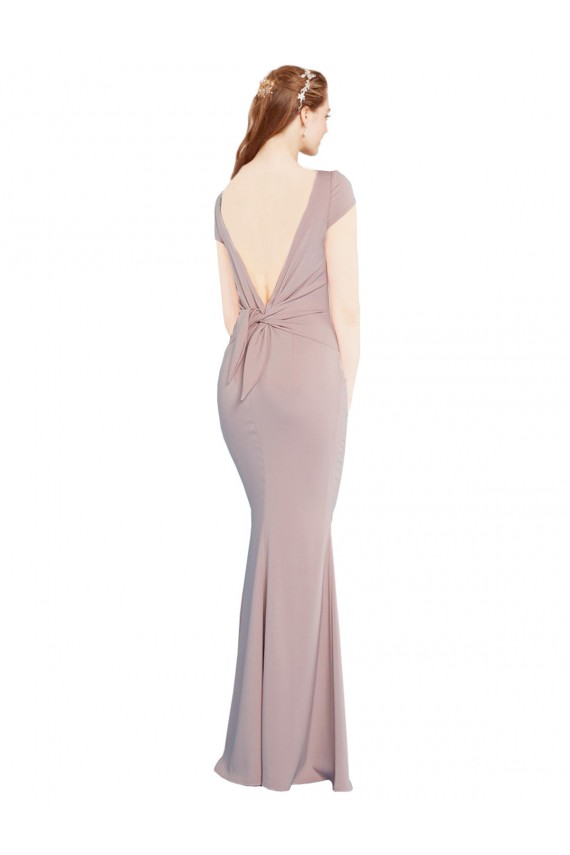 Affordable Boat Neck Cap Sleeve Crepe Prom Dress with Plunging Tie Back Canada