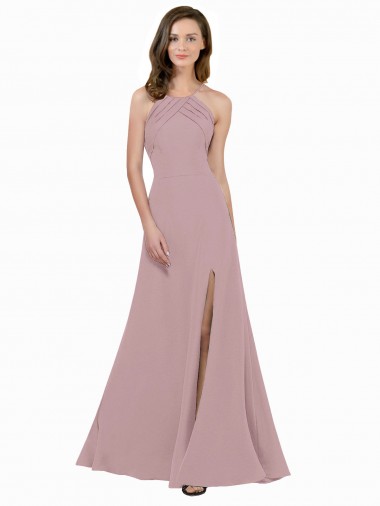 Affordable High Neck Crepe Prom Dress with Pleats and Keyhole Back Canada