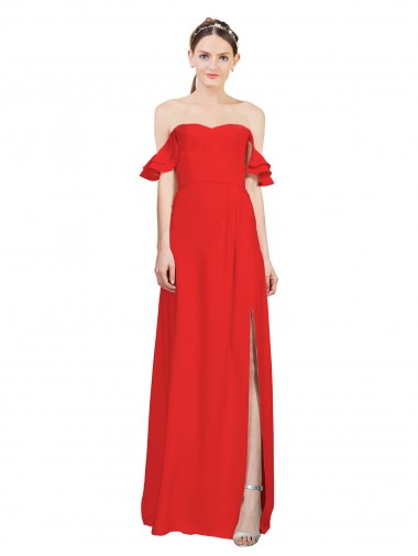 Affordable Double Ruffle Flounce Sleeves Crepe Prom Dress with Slit Canada