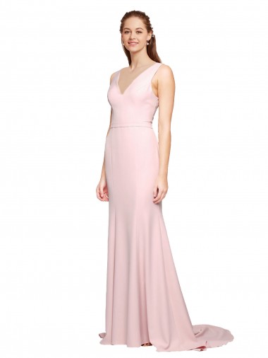 Affordable Deep V-Neckline and Back Long Sweep Train Crepe Prom Dress with Shoulder Straps Canada