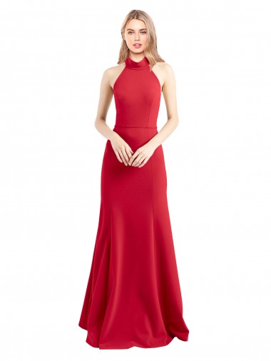 Affordable Sleek Fit and Flare High Neck Halter Stretch Crepe Prom Dress with Open Back Canada