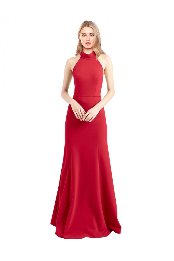 Affordable Sleek Fit and Flare High Neck Halter Stretch Crepe Prom Dress with Open Back Canada