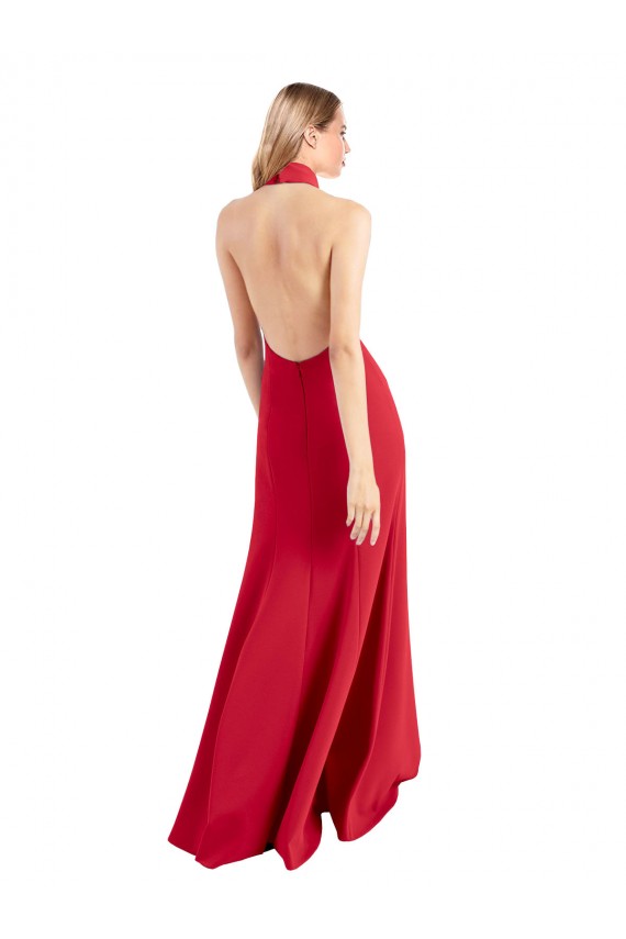 Affordable Sleek Fit and Flare High Neck Halter Stretch Crepe Prom Dress with Open Back Canada