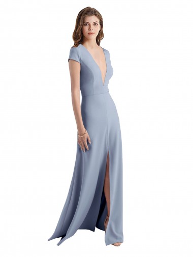 Affordable Plunging V-Neck Cap Sleeves Stretch Crepe Prom Dress with Front Slit Canada