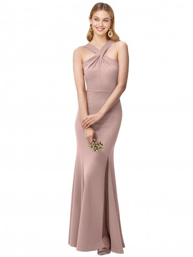 Affordable Long Floor Length High Neck Fit and Flare Stretch Crepe Prom Dress with Side Slit Canada