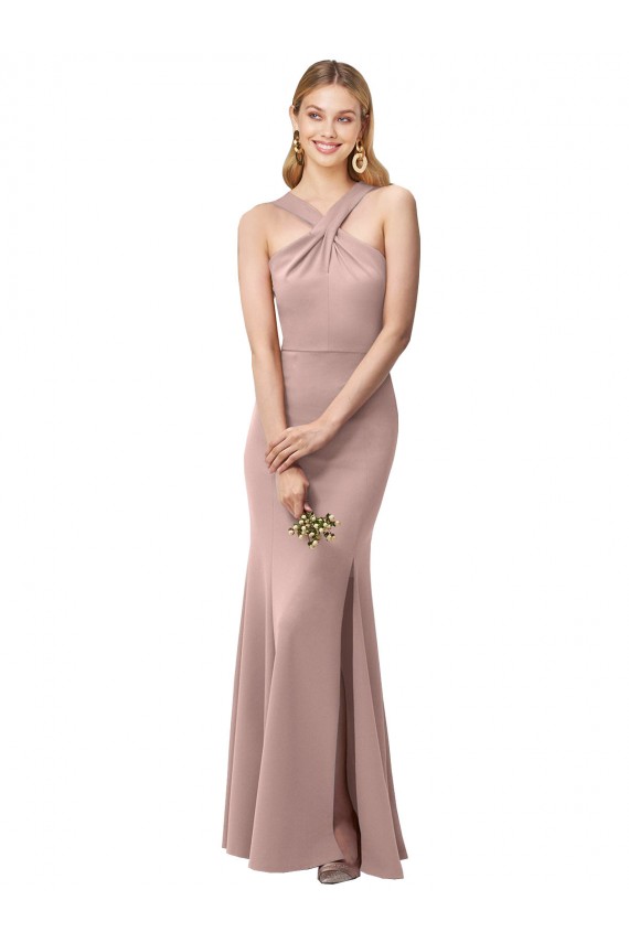 Affordable Long Floor Length High Neck Fit and Flare Stretch Crepe Prom Dress with Side Slit Canada