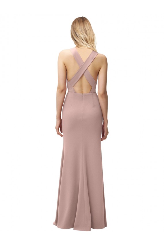 Affordable Long Floor Length High Neck Fit and Flare Stretch Crepe Prom Dress with Side Slit Canada