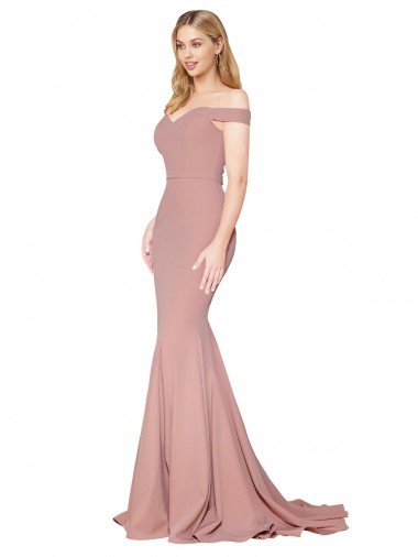 Affordable Off the Shoulder Sweetheart Long Sweep Train Crepe Prom Dress Canada