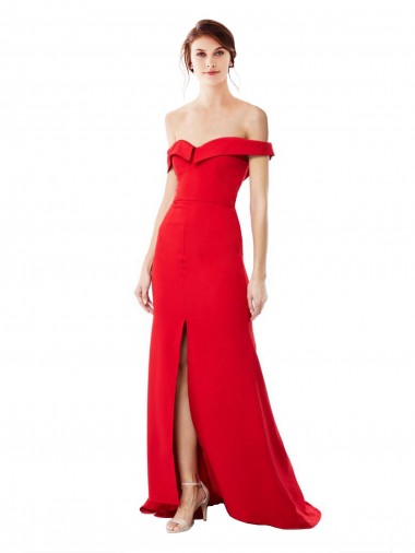 Affordable Off the Shoulder Chapel Train Crepe Prom Dress with Thigh-High slit Canada