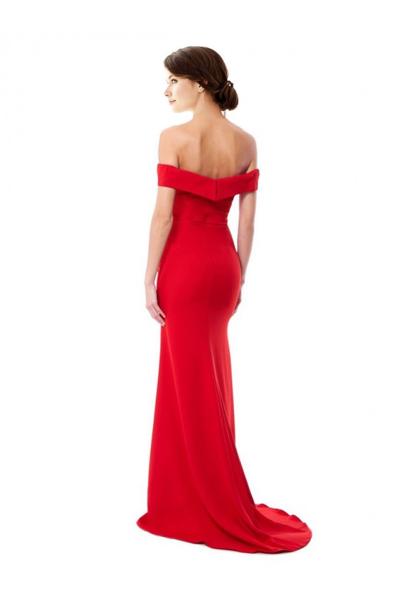 Affordable Off the Shoulder Chapel Train Crepe Prom Dress with Thigh-High slit Canada