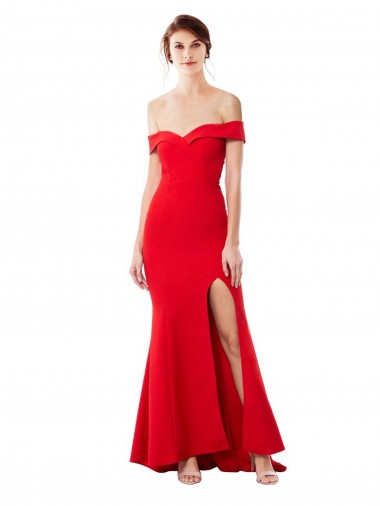 Affordable Off the Shoulder Sweetheart Maxi Crepe Prom Dress With Thigh Split and Train Canada