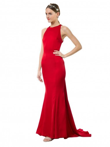 Affordable High Neck Mermaid Open Back Crepe Maxi Prom Dress with Train Detail Canada