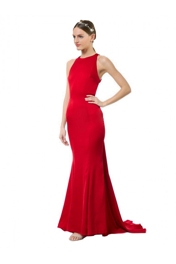 Affordable High Neck Mermaid Open Back Crepe Maxi Prom Dress with Train Detail Canada