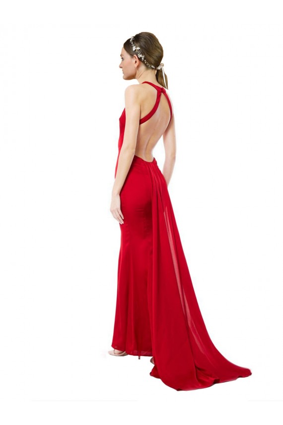 Affordable High Neck Mermaid Open Back Crepe Maxi Prom Dress with Train Detail Canada