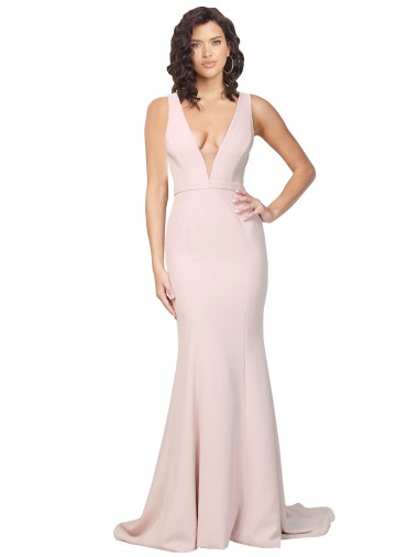 Affordable Deep Plunging V-Neckline Full Length Crepe Prom Dress with Deep V-Backline Canada