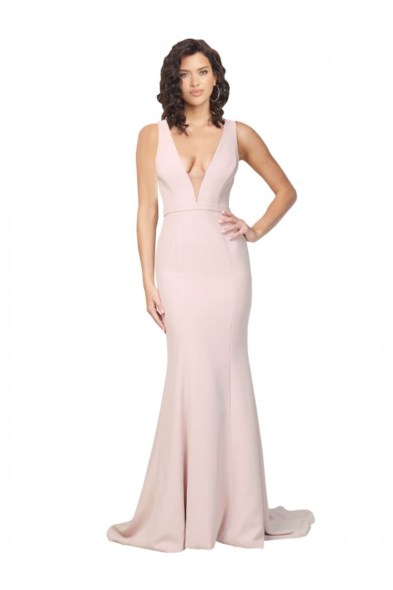 Affordable Deep Plunging V-Neckline Full Length Crepe Prom Dress with Deep V-Backline Canada