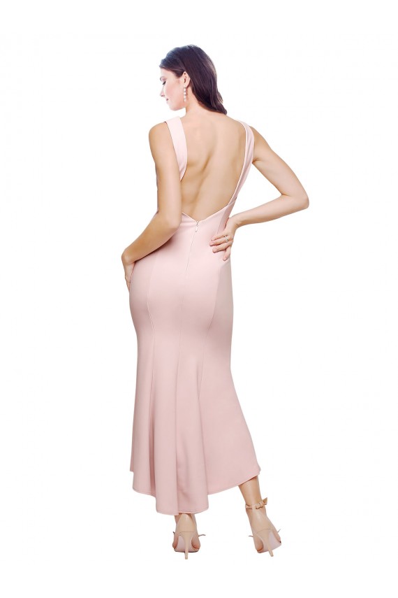 Affordable High Neck Low V-Back Midi Length Crepe Cocktail Dress / Prom Dress Canada