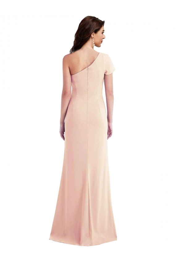 Affordable One Shoulder Cap Sleeves Trumpet Crepe Prom Dress with Front Slit Canada