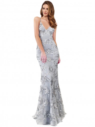 Affordable Silver V-Neckline Backless Floral Patterned Sequin Prom Dress Canada