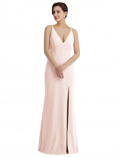 Affordable Skinny Strap Deep V-Neck Trumpet Crepe Prom Dress with Front Slit Canada