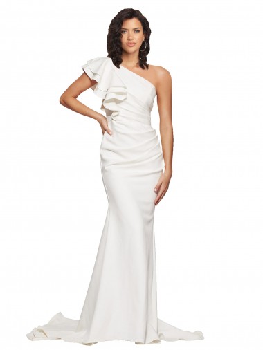 Affordable Ruched Long Sweep Train Crepe Prom Dress with Shoulder Ruffles Canada