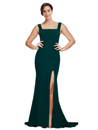 Affordable Fitted Square Neck Long Crepe Prom Dress with Train and Side Split Canada