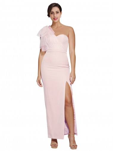 Affordable One Shoulder Tulle Overlay Sweetheart Neckline Long Crepe Prom Dress with Thigh Split Canada