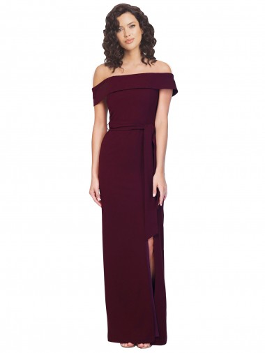 Affordable Fitted Full Length Off the Shoulder Crepe Prom Dress with Side Split and Waist Tie Canada