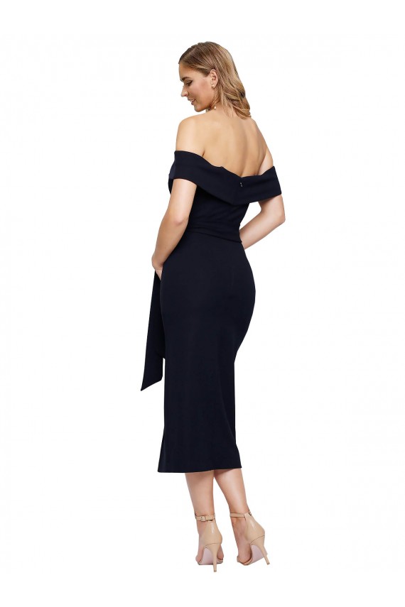 Affordable Fitted Short Midi Length Off the Shoulder Crepe Cocktail Prom Dress / Homecoming Dress with Side Split and Waist Tie Canada