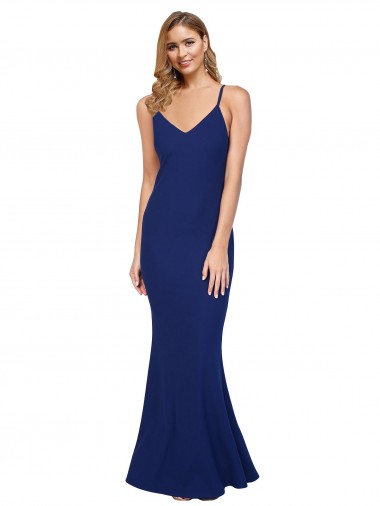 Affordable Full Length V-Neckline Crepe Prom Dress with Thin Straps and Fulted Skirt Canada