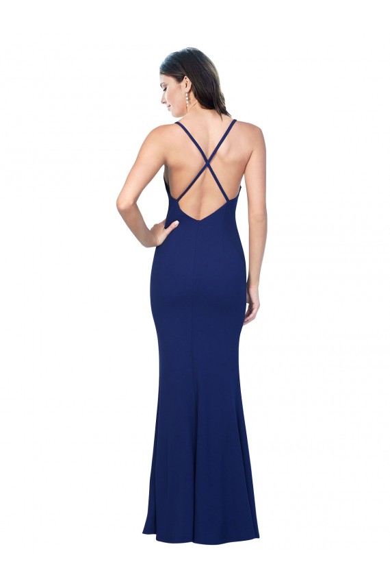 Affordable Full Length V-Neckline Crepe Prom Dress with Thin Straps and Fulted Skirt Canada