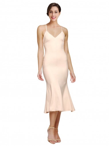 Affordable Midi Length V-Neckline Crepe Cocktail Prom Dress / Homecoming Dress with Thin Straps and Fulted Skirt Canada