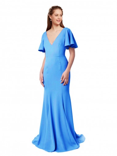 Affordable Short Sleeves Long V-Neck Crepe Prom Dress with V-Back Canada