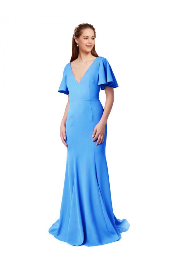 Affordable Short Sleeves Long V-Neck Crepe Prom Dress with V-Back Canada