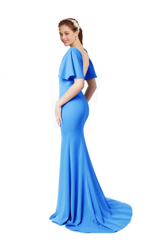 Affordable Short Sleeves Long V-Neck Crepe Prom Dress with V-Back Canada