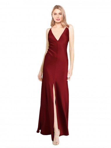 Affordable Floor Length Deep V-Back Stretch Satin Prom Dress with Front Slit Canada