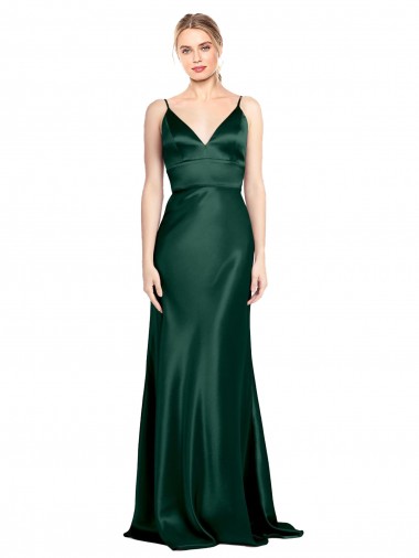 Affordable High V-Neck Long Full Length Sheath Stretch Satin Prom Dress Canada