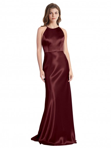 Affordable High Neck Halter Long Sleeveless Stretch Satin Prom Dress with Strappy Back Canada