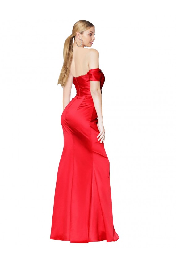 Affordable High Neck Off the Shoulder Stretch Satin Prom Dress with High Slit Canada