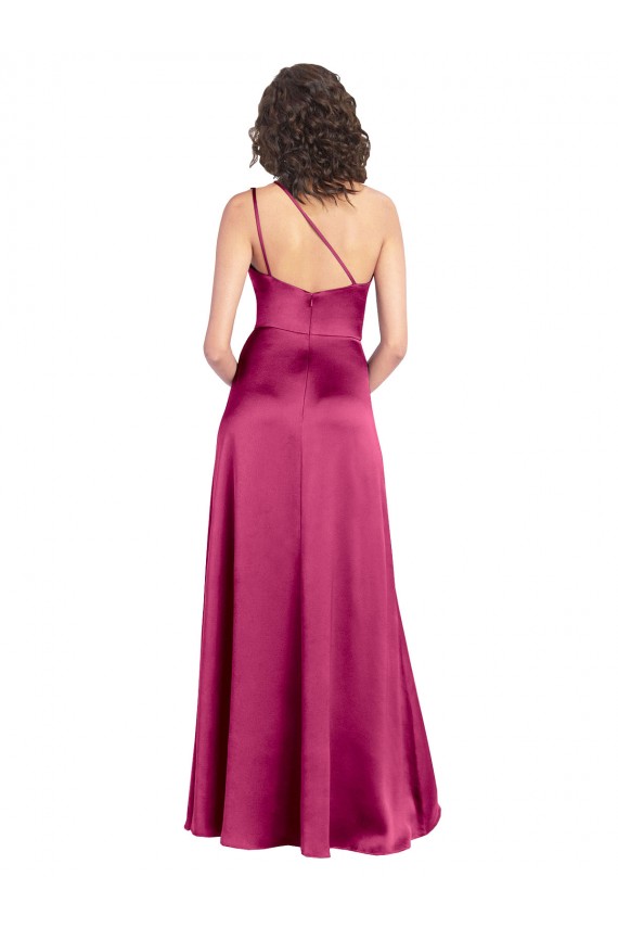 Affordable Sleek One Shoulder A-Line Long Stretch Satin Prom Dress with Spaghetti Straps Back Canada