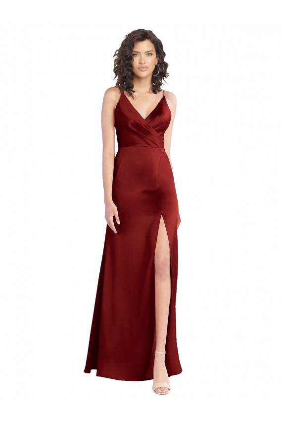 Affordable Faux Surplice Neckline Long Slim A-Line Stretch Satin Prom Dress Canada