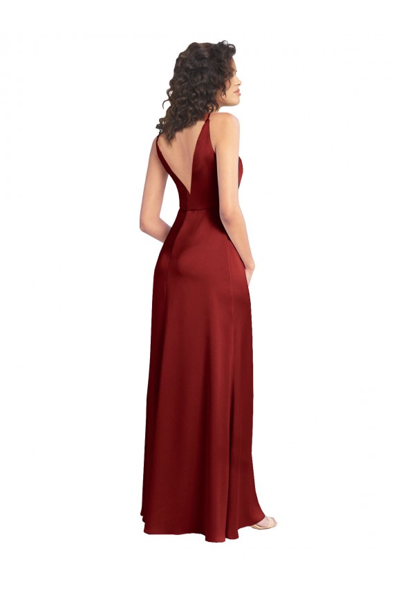 Affordable Faux Surplice Neckline Long Slim A-Line Stretch Satin Prom Dress Canada