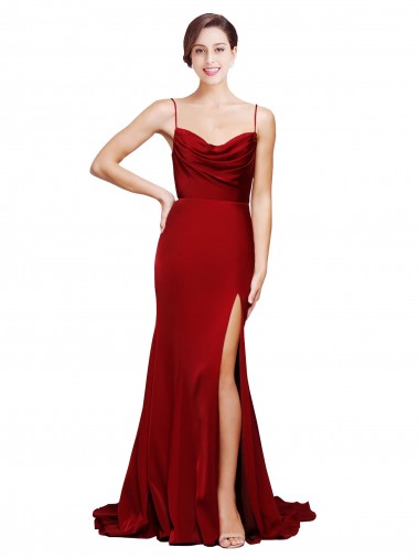 Affordable Cowl Front Neck Sweep Train Stretch Satin Prom Dress with High Side Split Canada