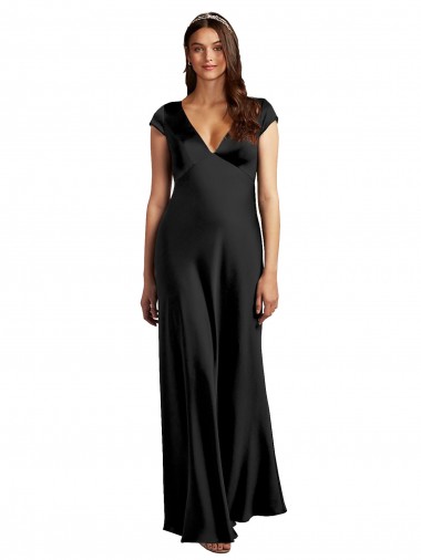 Affordable Plunging V-Neck Cap Cleeves Long Stretch Satin Prom Dress with Keyhole Back Canada