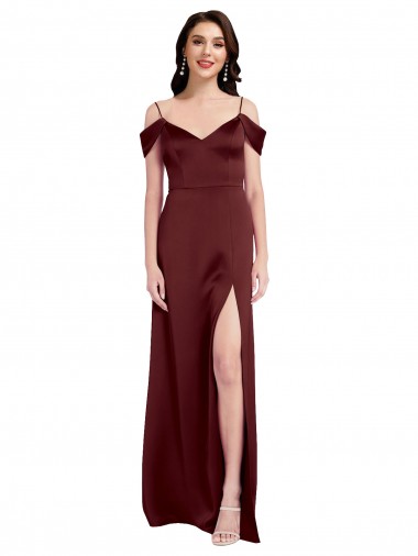 Affordable Draped Off the Shoulder Sleeves Slim A-Line Stretch Satin Prom Dress with Side Slit Canada