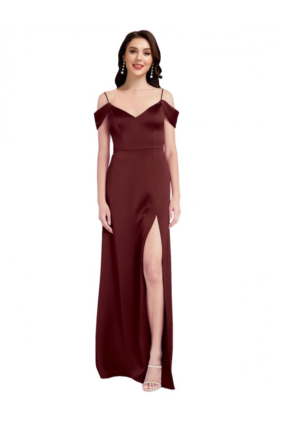 Affordable Draped Off the Shoulder Sleeves Slim A-Line Stretch Satin Prom Dress with Side Slit Canada