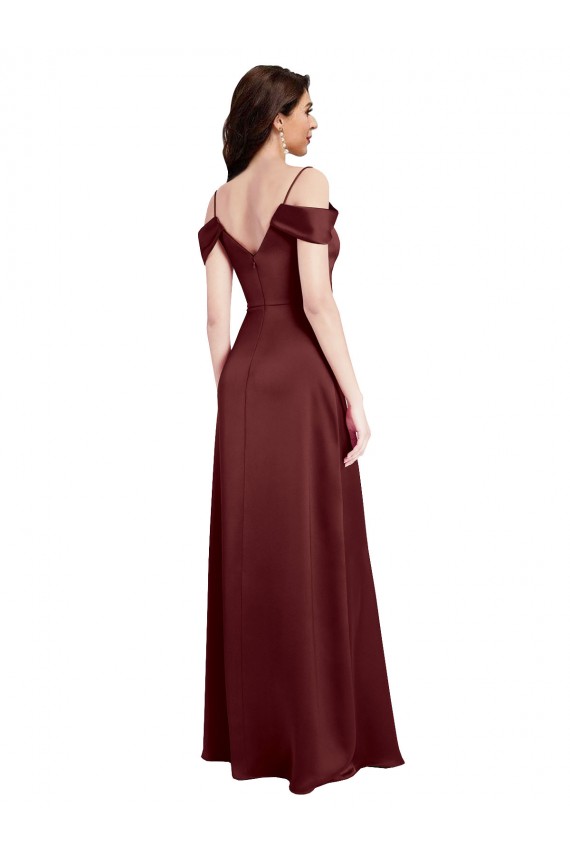 Affordable Draped Off the Shoulder Sleeves Slim A-Line Stretch Satin Prom Dress with Side Slit Canada