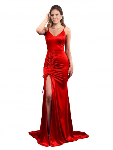 Affordable Long Pleated Stretch Satin Prom Dress with High Slit Canada